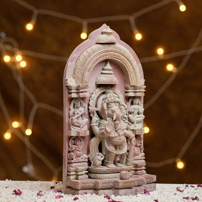 Hand-Carved Temple Style Pink Stone Ganesh Ji Murti