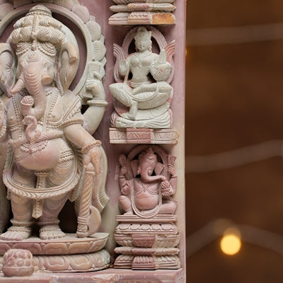 Hand-Carved Temple Style Pink Stone Ganesh Ji Murti