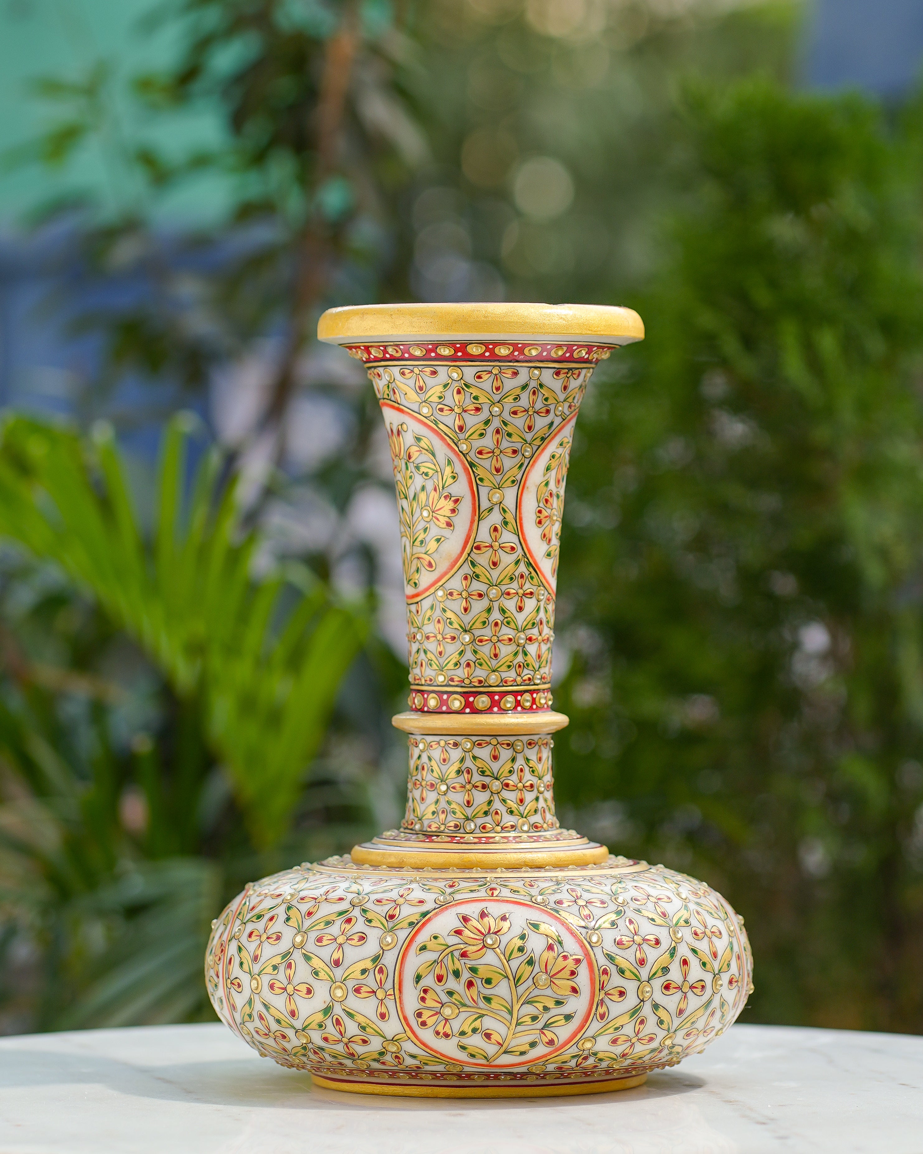 HandPainted Marble Vase with Meenakari & Kundan Work  Floral Motif